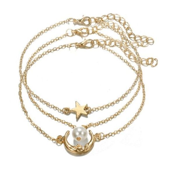 Bohemian Moon Star Pearl Gold Anklet - 3 piece - Picture 4 of 10